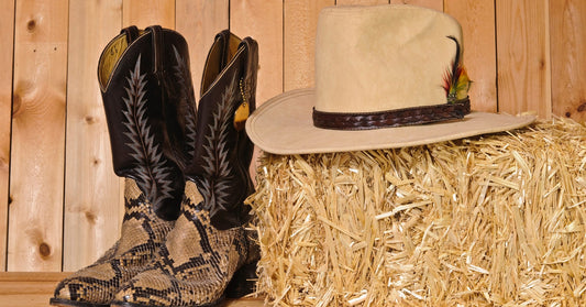 A pair of snakeskin cowboy boots sits next to a straw bale. A tan cowboy hat sits on top of the straw.